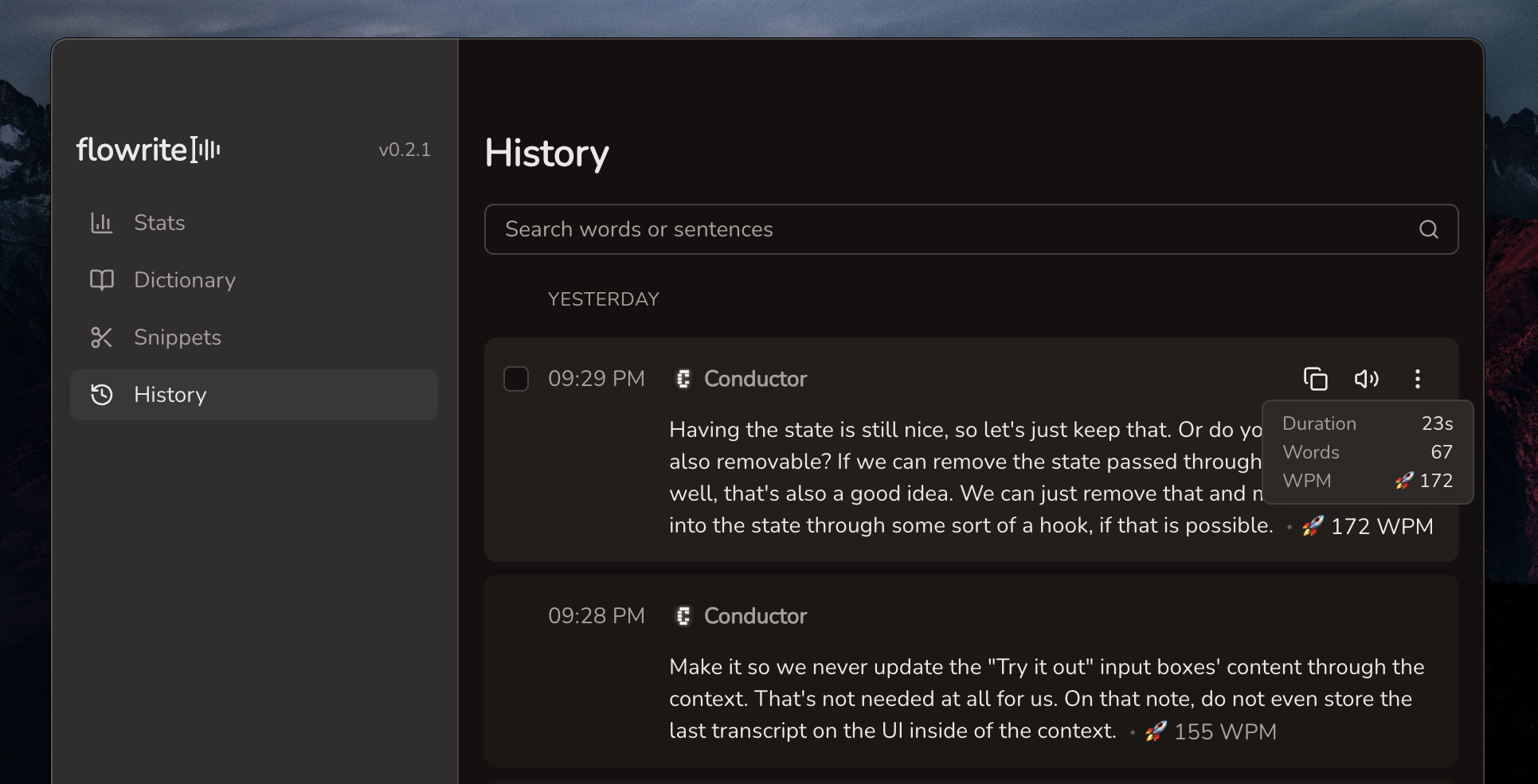 WPM stats displayed in history entries